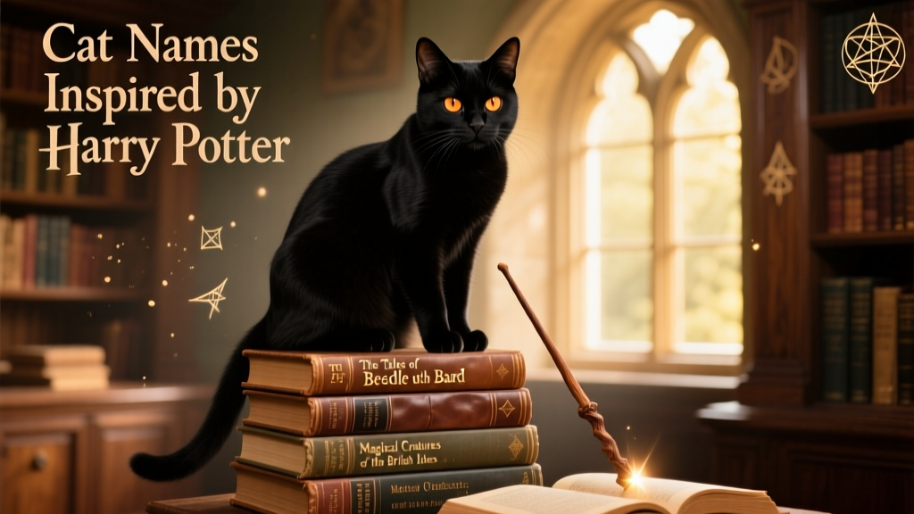 A sleek black cat perched on a stack of leather-bound books with a wand resting nearby