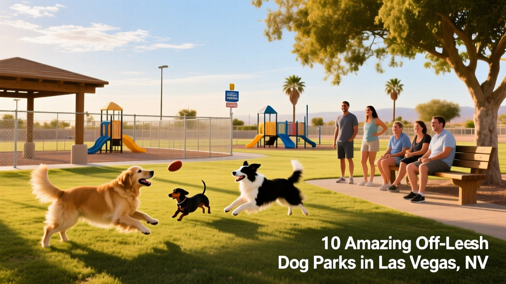 A sunny, open dog park with multiple fenced play zones, shaded benches, and dogs playing fetch