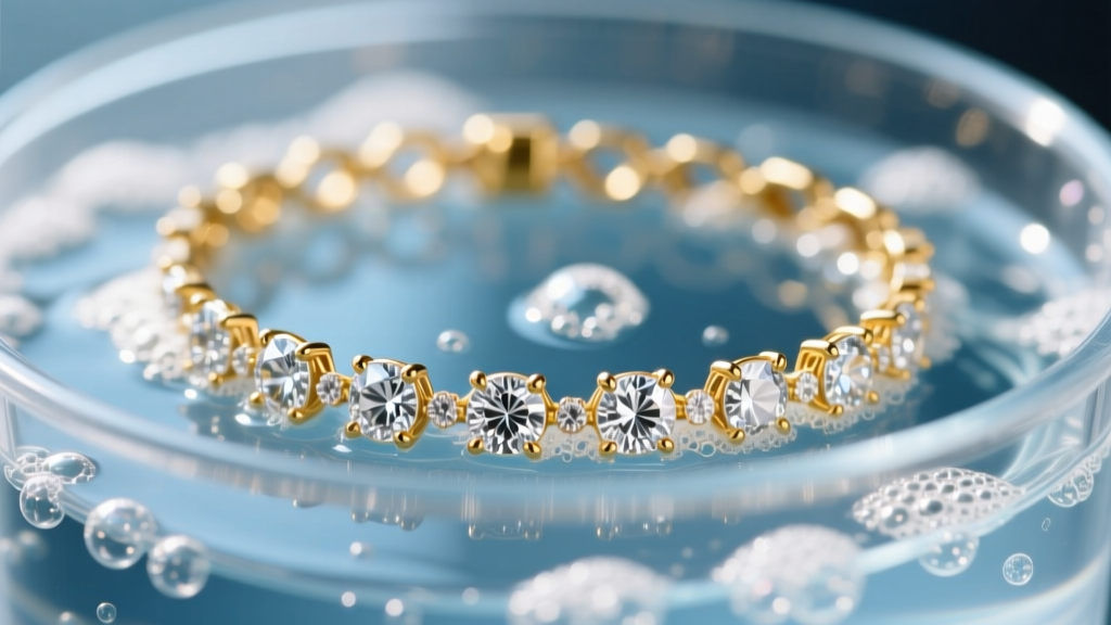 Macro shot of a diamond bracelet in soapy water inside an ultrasonic basket, showing tiny cavitation bubbles on the gold prongs