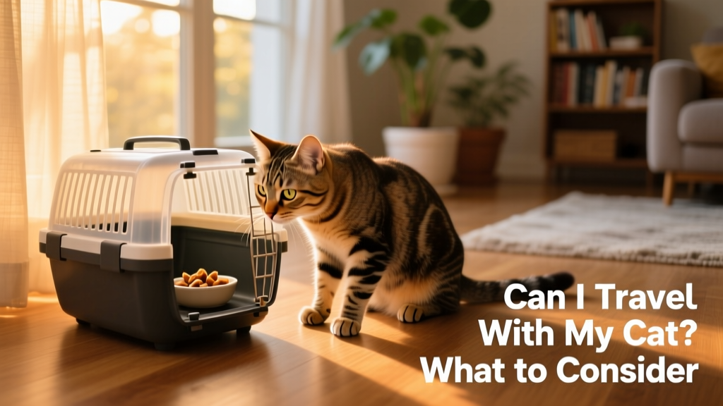 A cat curiously sniffing a carrier placed on the floor beside a sunny window, with treats visible inside