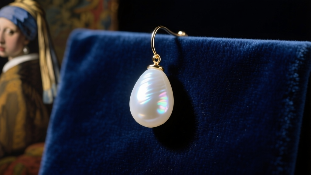 Luminous white South Sea teardrop pearl earring on dark blue velvet, softly lit to mimic 17th-century Dutch painting styles.