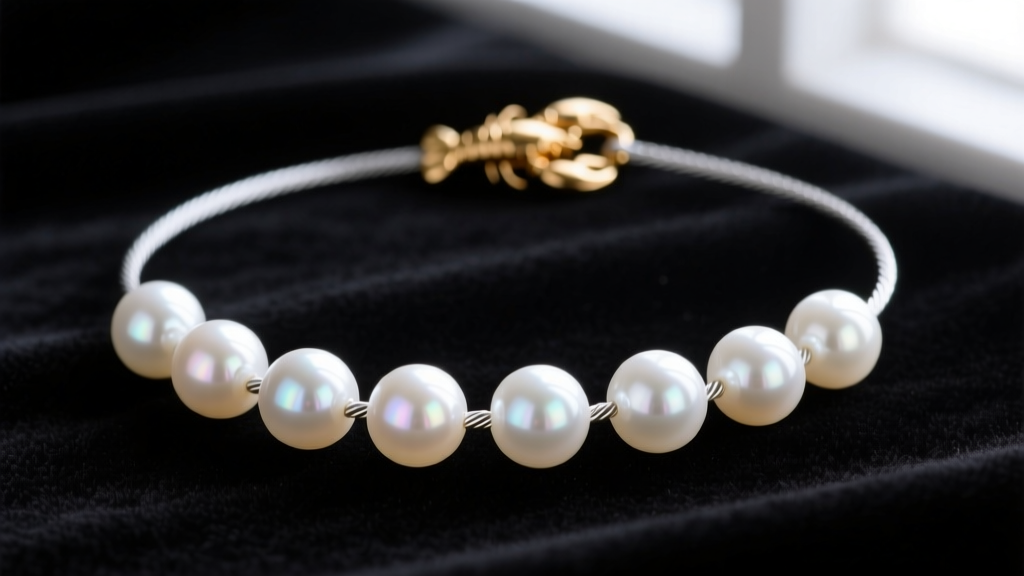 Macro shot of 8mm white freshwater pearls strung on nylon-coated stainless steel wire with a 14k gold lobster clasp on dark velvet.
