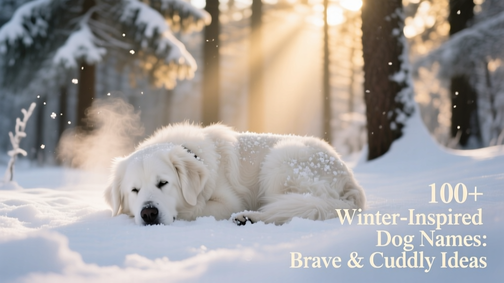 A fluffy white dog curled up on a snowy forest floor, breath visible in the cold air