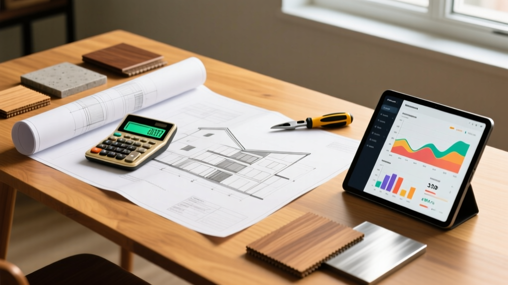 Architectural blueprints spread across a wooden table next to a calculator, material samples, and a tablet displaying construction budgets
