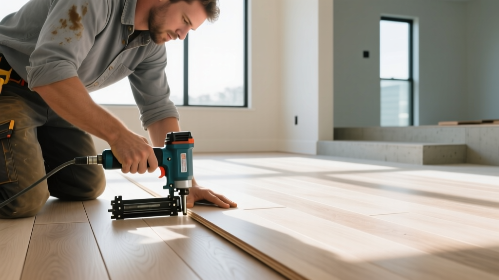 Flooring installer using a pneumatic nailer to secure wide-plank white oak hardwood over a plywood subfloor in a sunlit room.