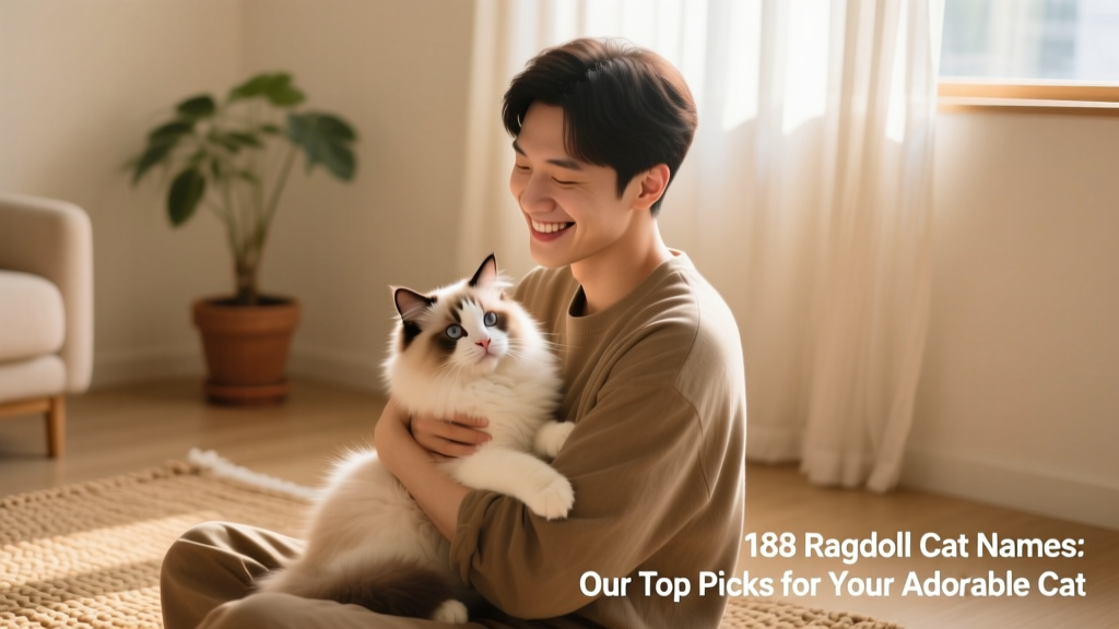 A smiling person gently holding a fluffy Ragdoll kitten on their lap, both relaxed and connected