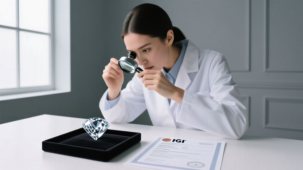 A jeweler using a loupe to inspect a lab-grown diamond next to an IGI certification report under bright, neutral daylight scene