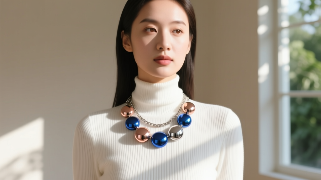 Young woman wearing a layered PVD coated stainless steel bubble initial necklace over a white ribbed turtleneck in natural sunlight