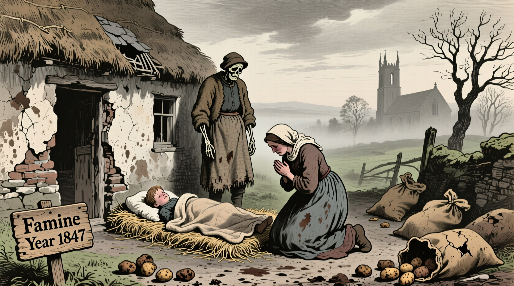 Historical illustration of Irish famine conditions