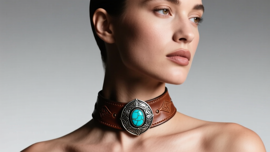 Model wearing tooled leather western choker necklace with sterling silver concho and turquoise inlay under soft studio lighting