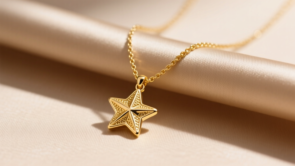 Close-up of a 14k yellow gold pastina necklace with a tiny stelline pasta charm resting on beige silk in soft natural lighting.