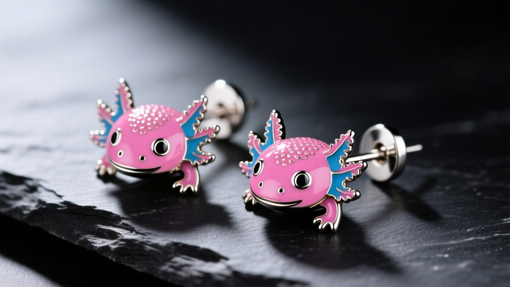 Macro shot of vibrant pink and blue hard enamel axolotl stud earrings on a 925 sterling silver post, resting on dark slate.