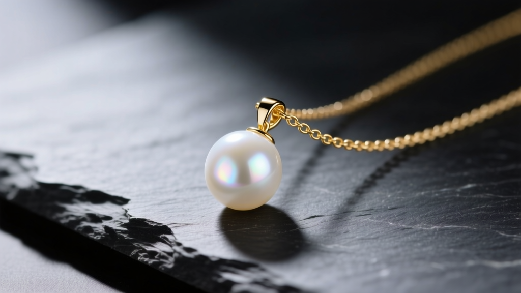 A 13mm white South Sea pearl pendant on an 18k gold chain resting on dark slate, studio lighting highlighting deep luster.