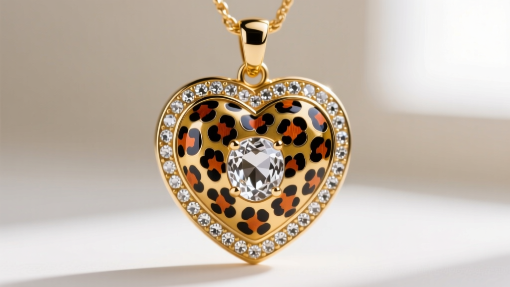 Macro shot of the leopard print enamel and glass rhinestone pave on a heart pendant, showing the gold-plated brass bezel.