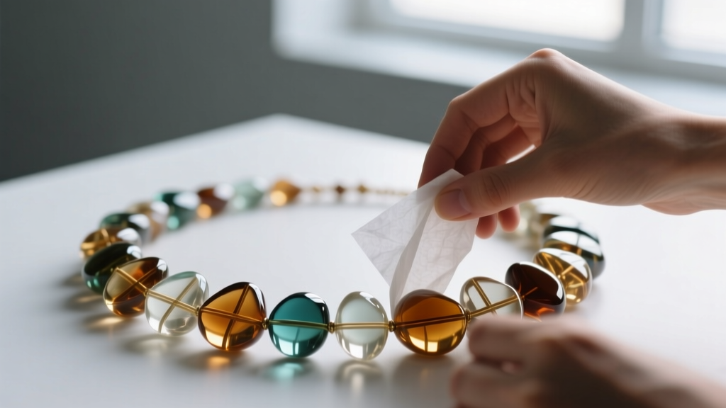 Hands placing acid-free tissue paper inside hollow resin beads of a heavy statement necklace for structural support.