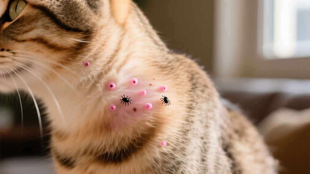 Close-up of a cat's neck and shoulder area showing small pink bumps and mild redness, indicating possible flea bites