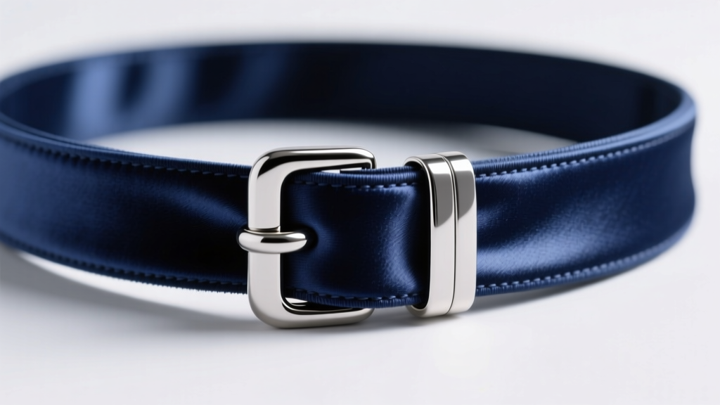 Close-up of a silver fold-over crimp end clamping a navy blue satin fabric choker, highlighting the clean, fray-free fabric edge.