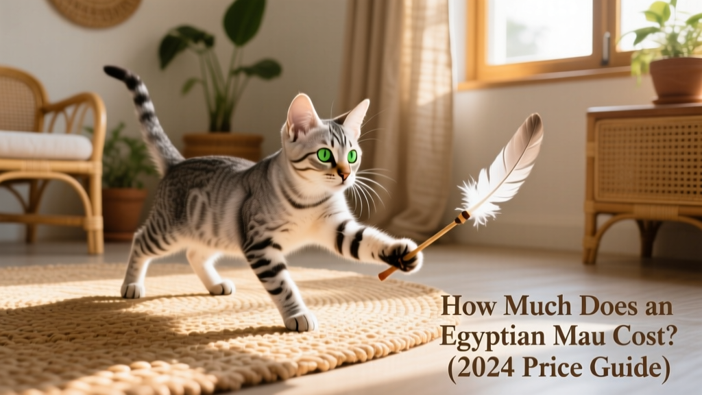 Egyptian Mau kitten playing with a feather wand toy on a sunlit rug