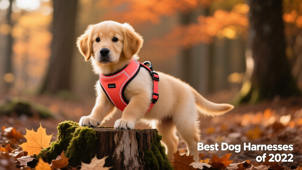 Cute dog training on old stump in sunny autumn woods