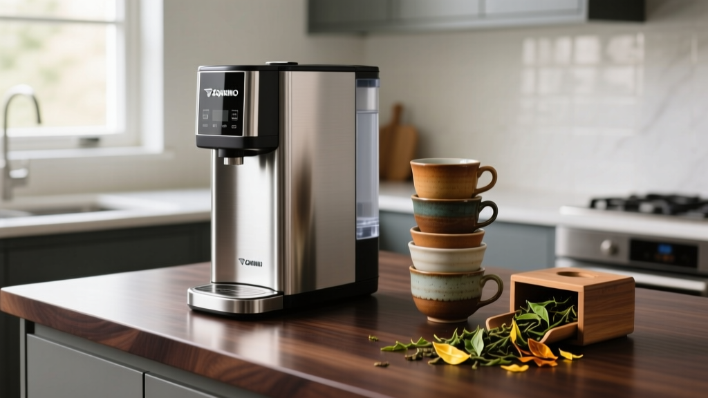 Stainless steel Zojirushi VE Hybrid water boiler dispenser sitting on a dark wood kitchen island next to a stack of ceramic tea cups and loose leaf tea