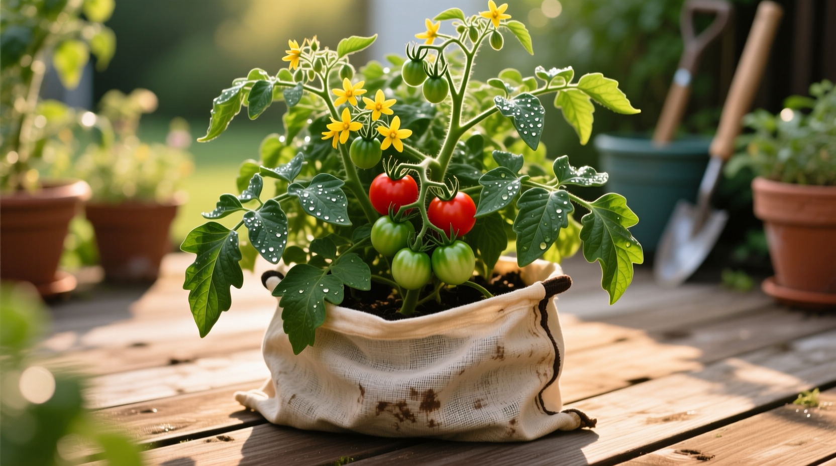 Healthy tomato plant growing in fabric container on patio