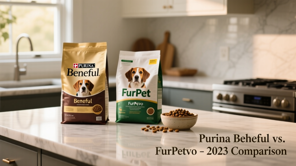 Side-by-side photo of Purina Beneful and FurPetVo dry dog food bags on a clean kitchen counter