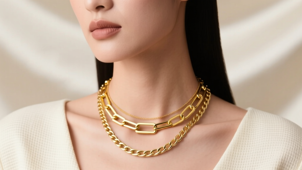 Close-up of a model wearing a layered 14k yellow gold paperclip link necklace and a Cuban chain against a neutral silk backdrop.