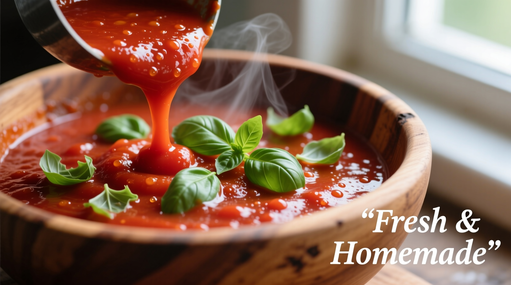 Fresh homemade tomato sauce in wooden bowl with basil garnish
