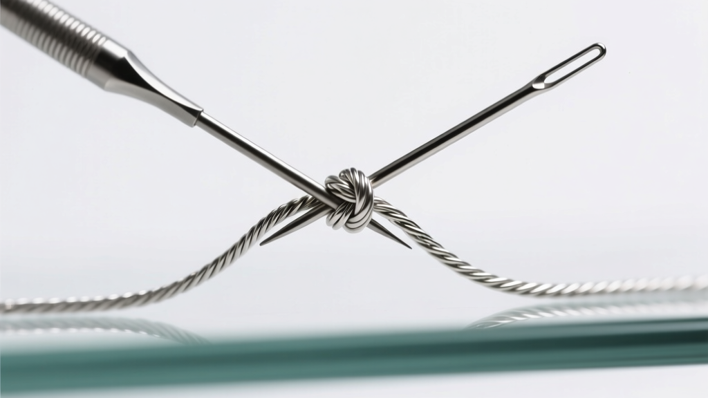 Macro shot of two fine sewing needles gently working apart a micro-knot in a thin 0.9mm sterling silver cable chain on glass.