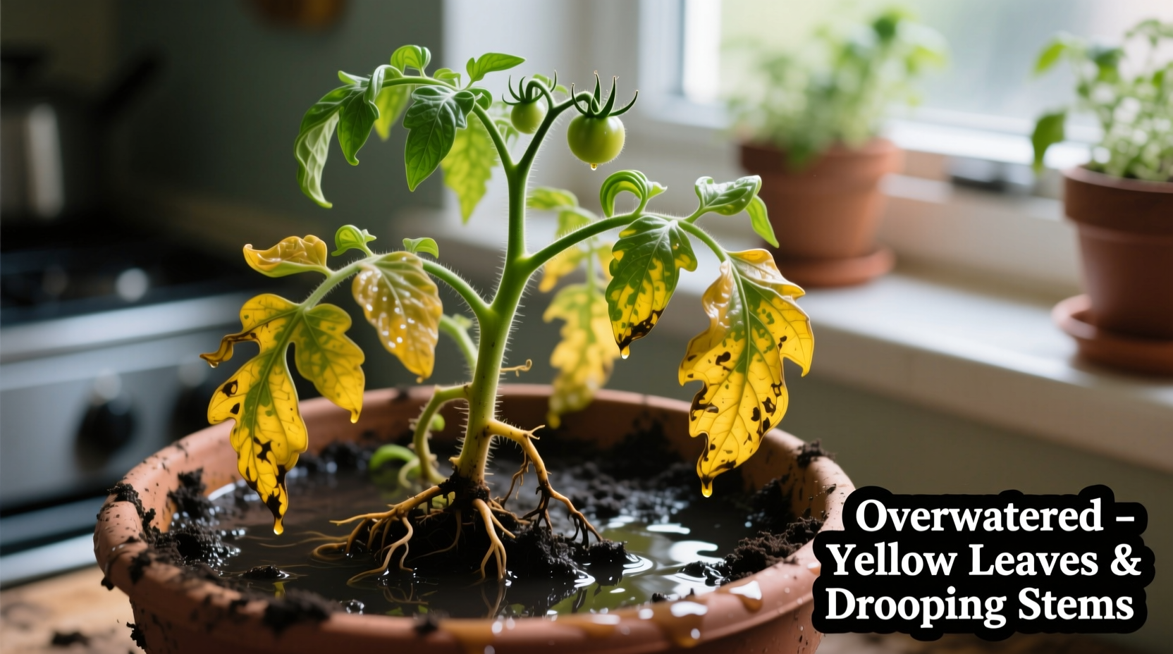 Overwatered tomato plant showing yellow leaves and drooping stems
