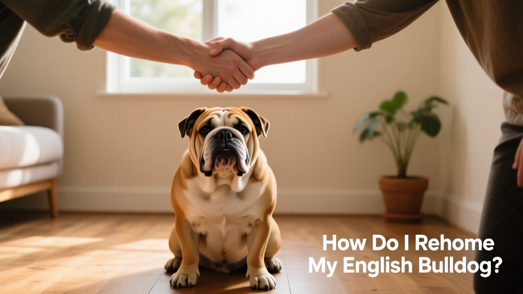 Two people shaking hands while an English Bulldog sits calmly between them, symbolizing a successful, respectful rehoming