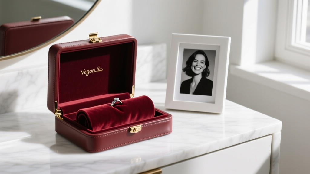 Vegan leather photo jewelry box open on a marble vanity, showing a velvet ring roll and a 4x6 picture frame on the inner lid