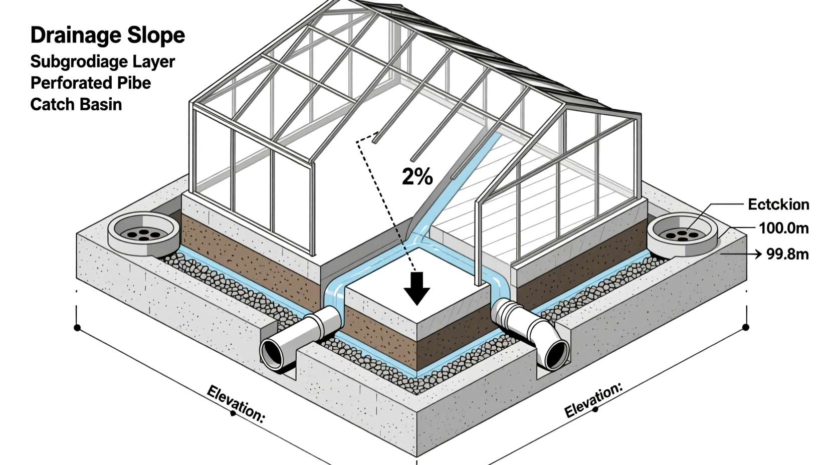 Greenhouse foundation layout with drainage slope diagram
