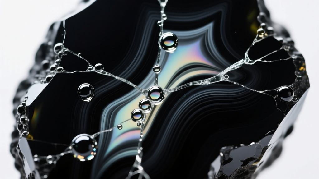 Close-up macro photography showing elongated microscopic gas bubbles and flow banding inside natural black obsidian