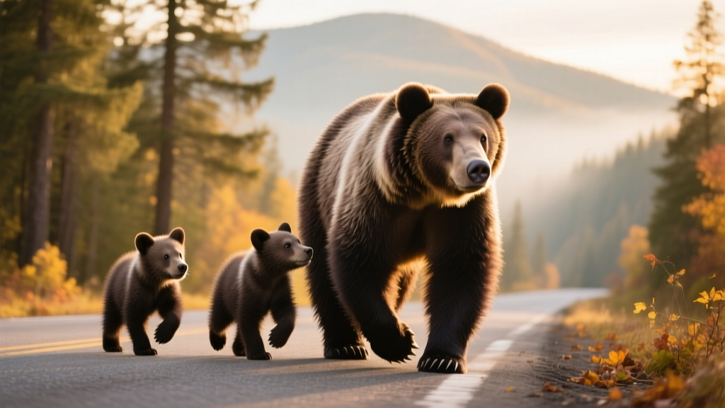 Mama Bear Crossing the Road with Her Cubs is Every Parent with Multiple Kids