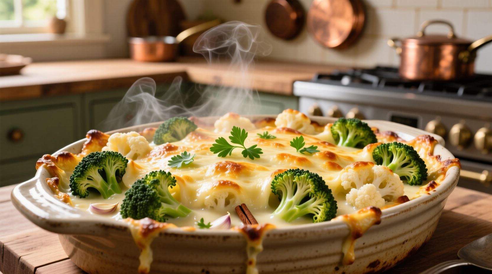 Golden broccoli cauliflower gratin fresh from oven