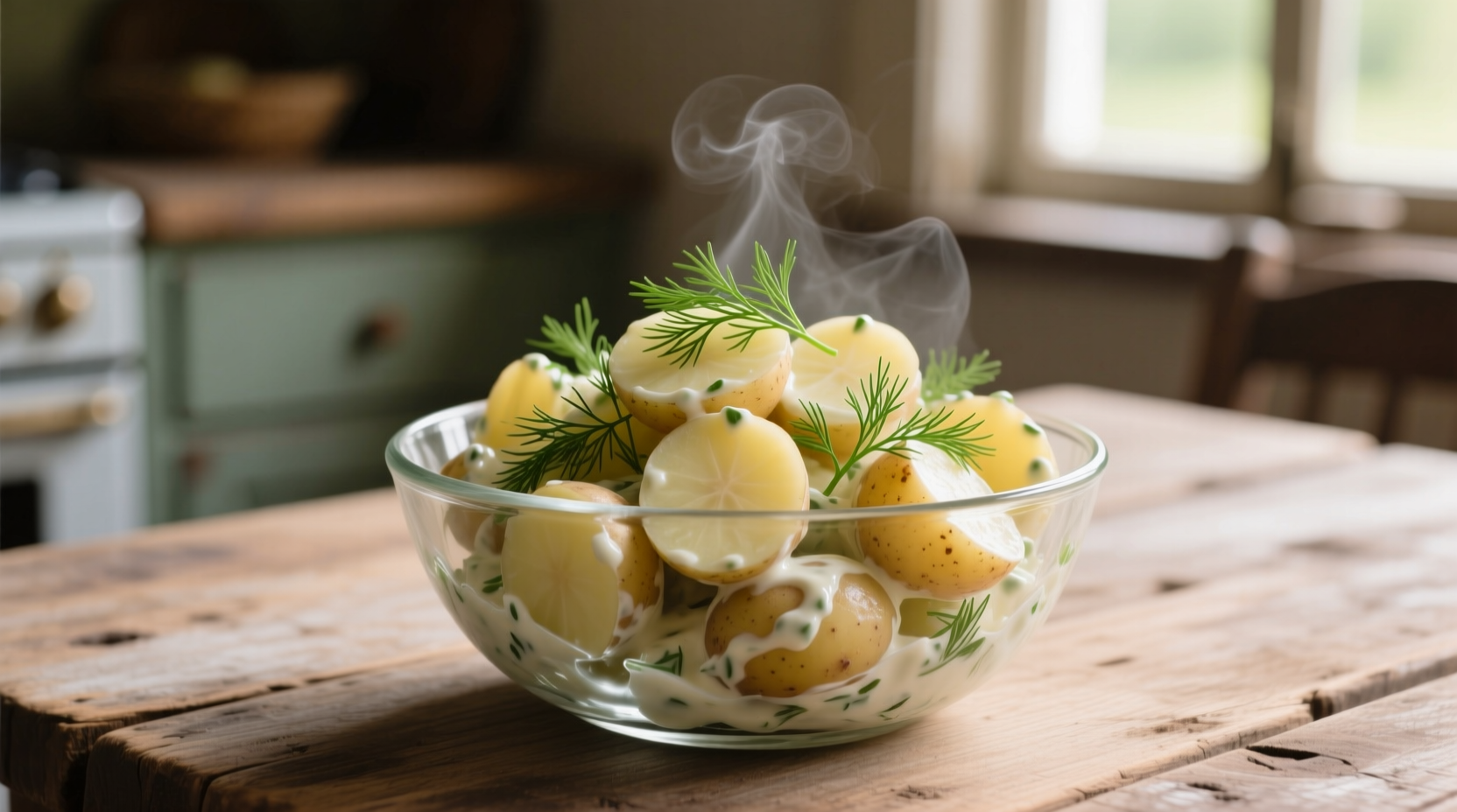Simple potato salad in glass bowl with fresh dill garnish