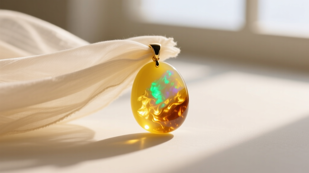 Soft cloth wiping an Ethiopian opal pendant, highlighting the translucent yellow body color and subtle flash of light on the stone.