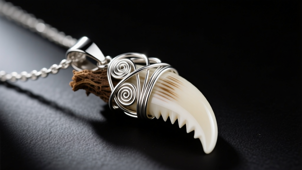 Macro photography of intricate 24-gauge sterling silver wire weaving securing the root of a modern mako shark tooth pendant.