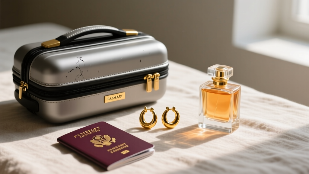 BAGSMART travel case next to a passport, gold hoop earrings, and a small glass perfume bottle on a textured linen surface.