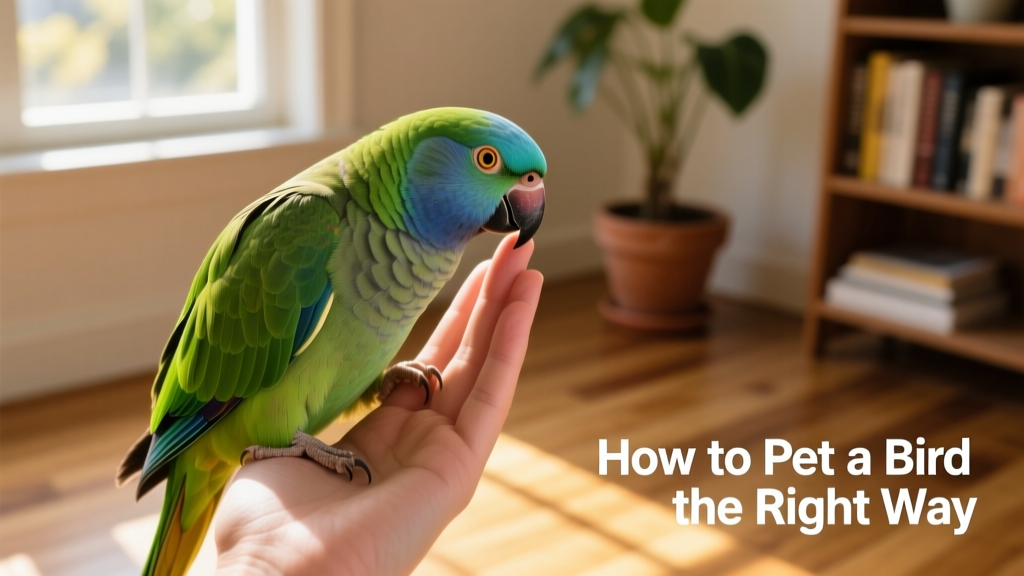 A calm, relaxed parrot perched on a hand, gently leaning into light touch near its head