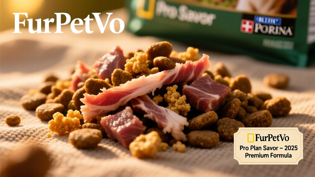 Close-up of FurPetVo Pro Plan Savor kibble showing shredded meat pieces mixed with crunchy bites