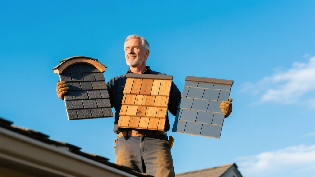 Roofing contractor holding samples of architectural asphalt, cedar shake, and synthetic slate shingles against a clear blue sky background