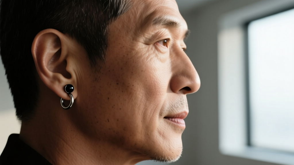 Profile of a man wearing a 16-gauge titanium huggie hoop and onyx stud, cinematic lighting with sharp focus on the earlobe.