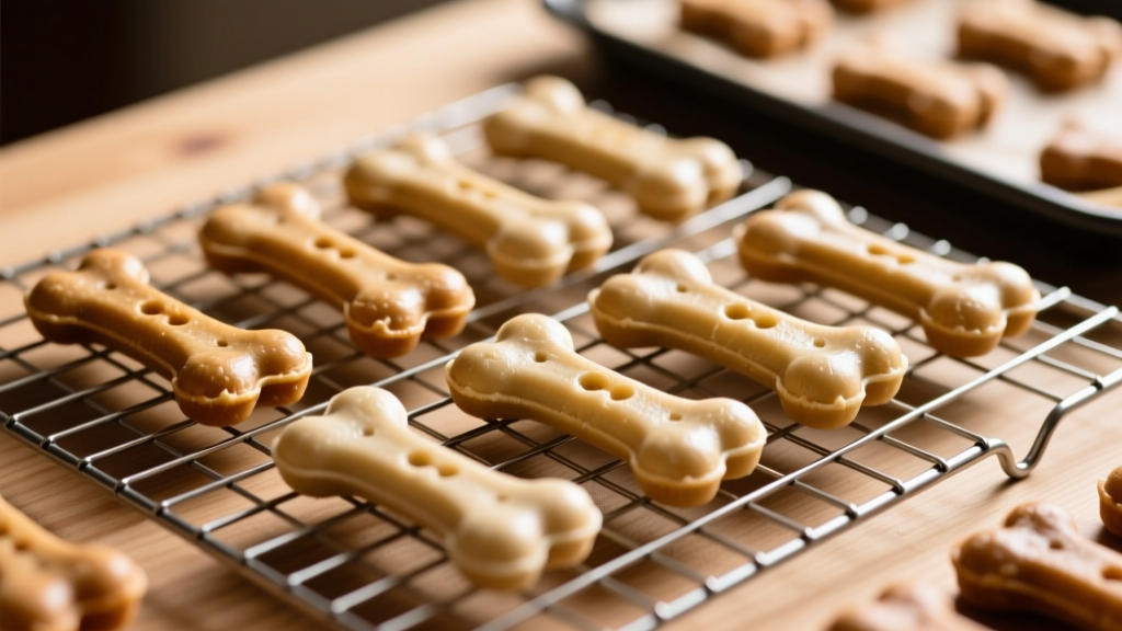 Homemade dog bones cooling on a wire rack after baking