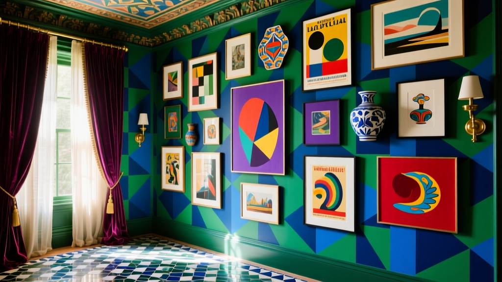 Maximalist interior with bold patterns and layered artwork