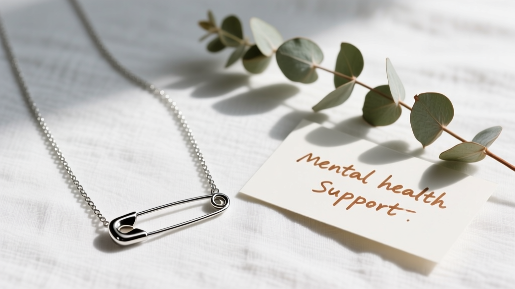 Flat lay gift box showing a surgical steel safety pin necklace, a handwritten mental health support card, and dried eucalyptus