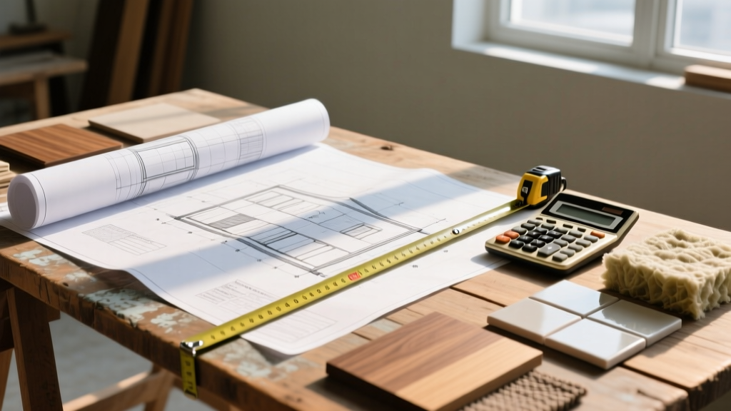 Architectural blueprints on a wooden table next to a calculator, measuring tape, and material samples for a new residential home build