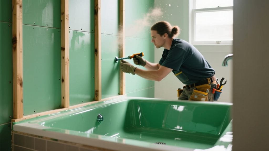 Worker screwing green moisture-resistant drywall to bathroom studs beside a shower pan coated in liquid waterproofing membrane