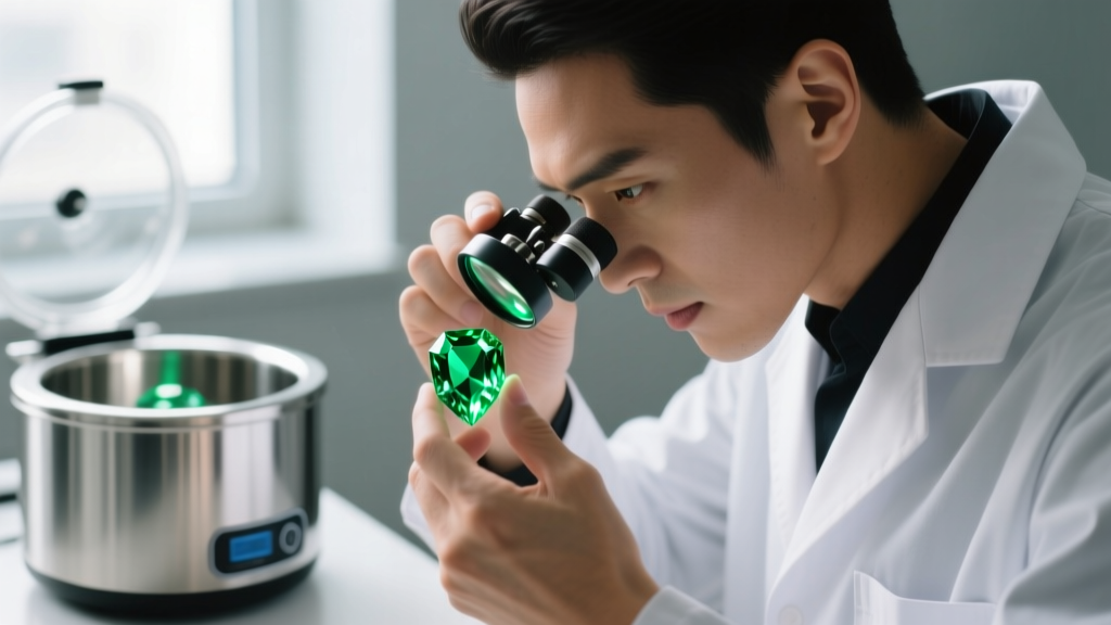 Jeweler inspecting a vivid green emerald under a 10x loupe, with a stainless steel ultrasonic cleaner blurred in the background.